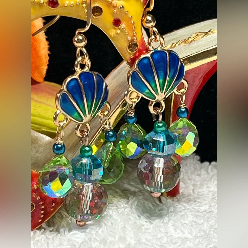 Gold, Green and Blue Shell Dangle Earrings - Picture 11 of 12